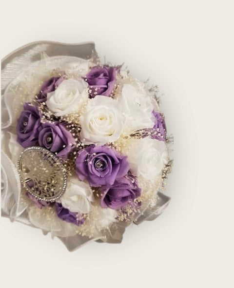 Bouquet tondo - rose rosa lilla e bianche stabilizzate