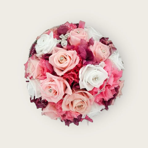 Bouquet tondo - rose rosa stabilizzate e punti luce