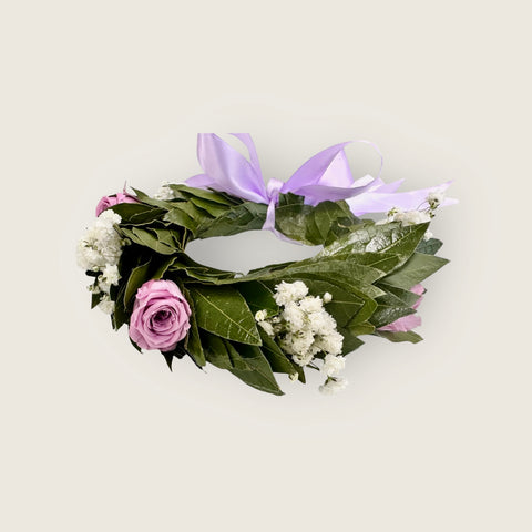 coroncina di alloro con rose stabilizzate lilla