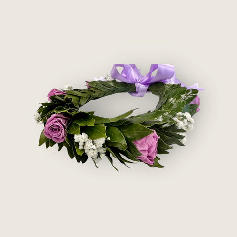 coroncina di alloro con rose stabilizzate lilla