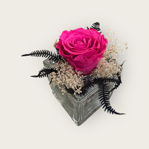 Rosa fucsia stabilizzata in vasetto di vetro con ornamenti