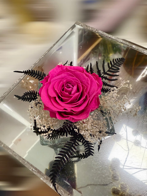 Rosa fucsia stabilizzata in vasetto di vetro con ornamenti