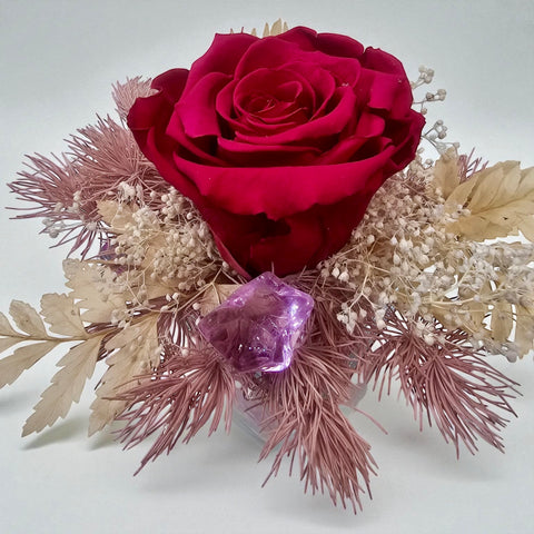 Rosa rossa in vasetto e ornamenti